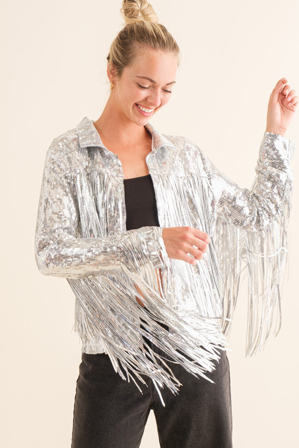 Inc International Concepts Sequin Fringe Jacket Silver XL New selling With Tags