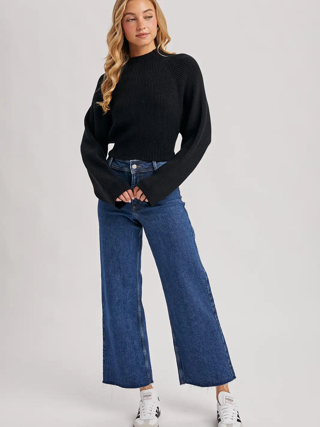 Mock Neck Open Back Ribbed Knit Tie Sweater Top