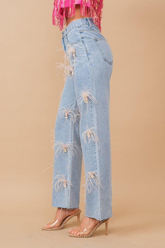 I'm The Moment Feathered Rhinestone Jeans