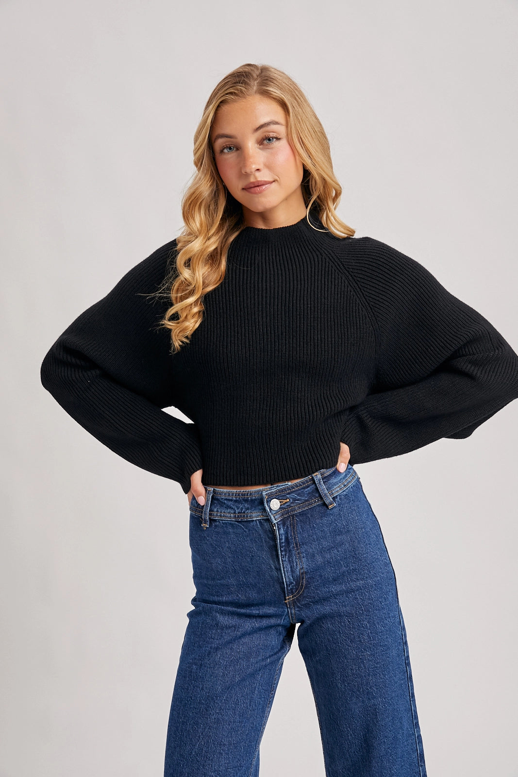 Mock Neck Open Back Ribbed Knit Tie Sweater Top