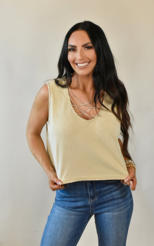 Hadley Khaki Mineral Wash Rhinestone Tank