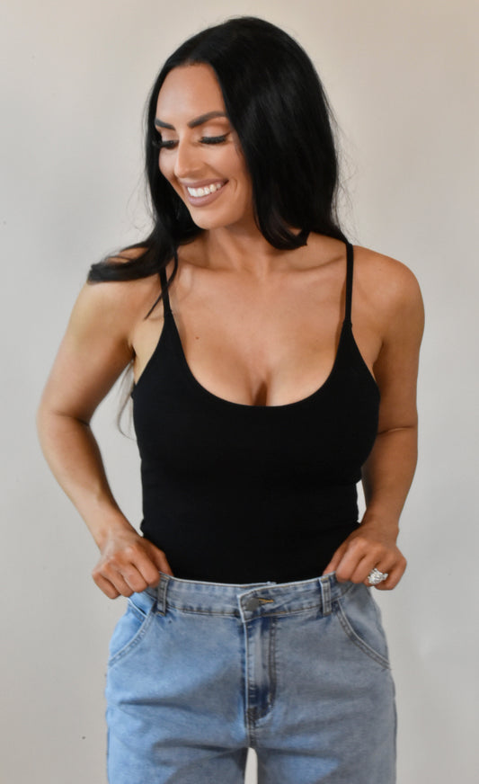 Evelyn Black Spaghetti Strap Bodysuit