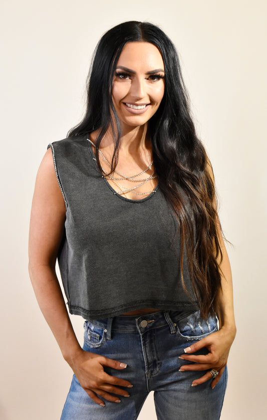 Hadley Charcoal Mineral Wash Rhinestone Tank