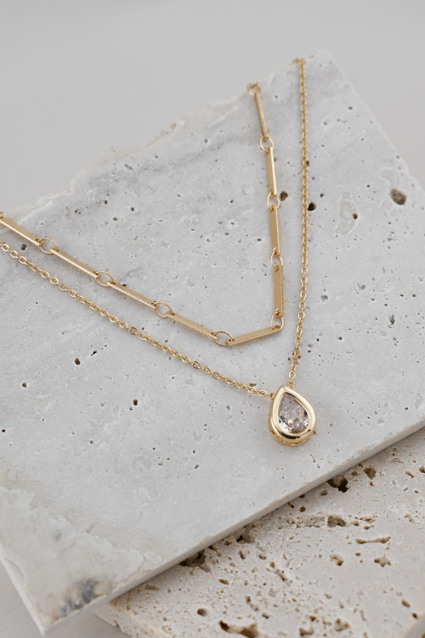 CZ Tear Pendant Layered Chains Necklace
