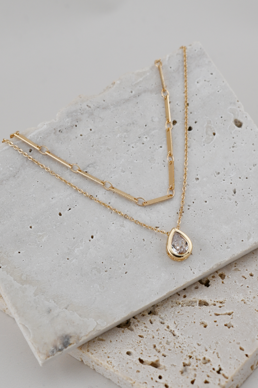 CZ Tear Pendant Layered Chains Necklace