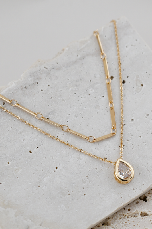 CZ Tear Pendant Layered Chains Necklace