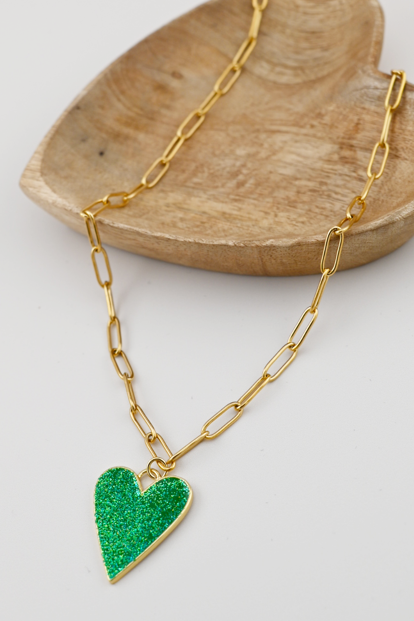 Lucky Green Heart Paperclip Necklace