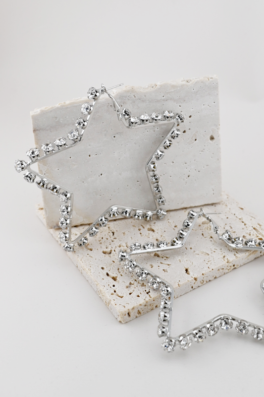 Silver Rhinestone Star Statement Hoops