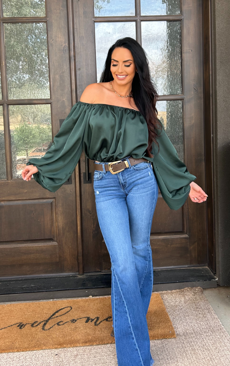 Emerald Elegance Off-Shoulder Satin Blouse