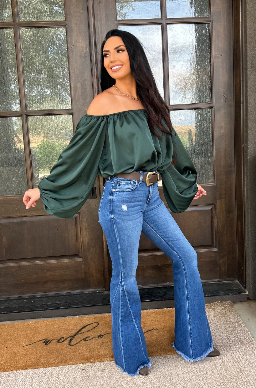 Emerald Elegance Off-Shoulder Satin Blouse