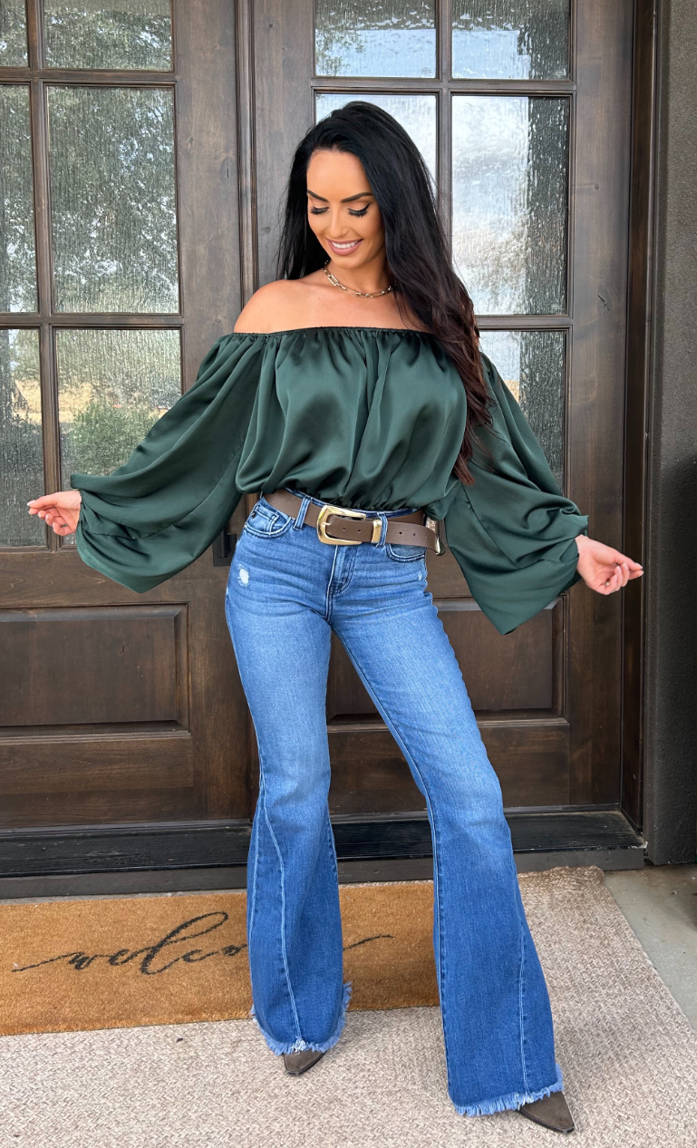 Emerald Elegance Off-Shoulder Satin Blouse