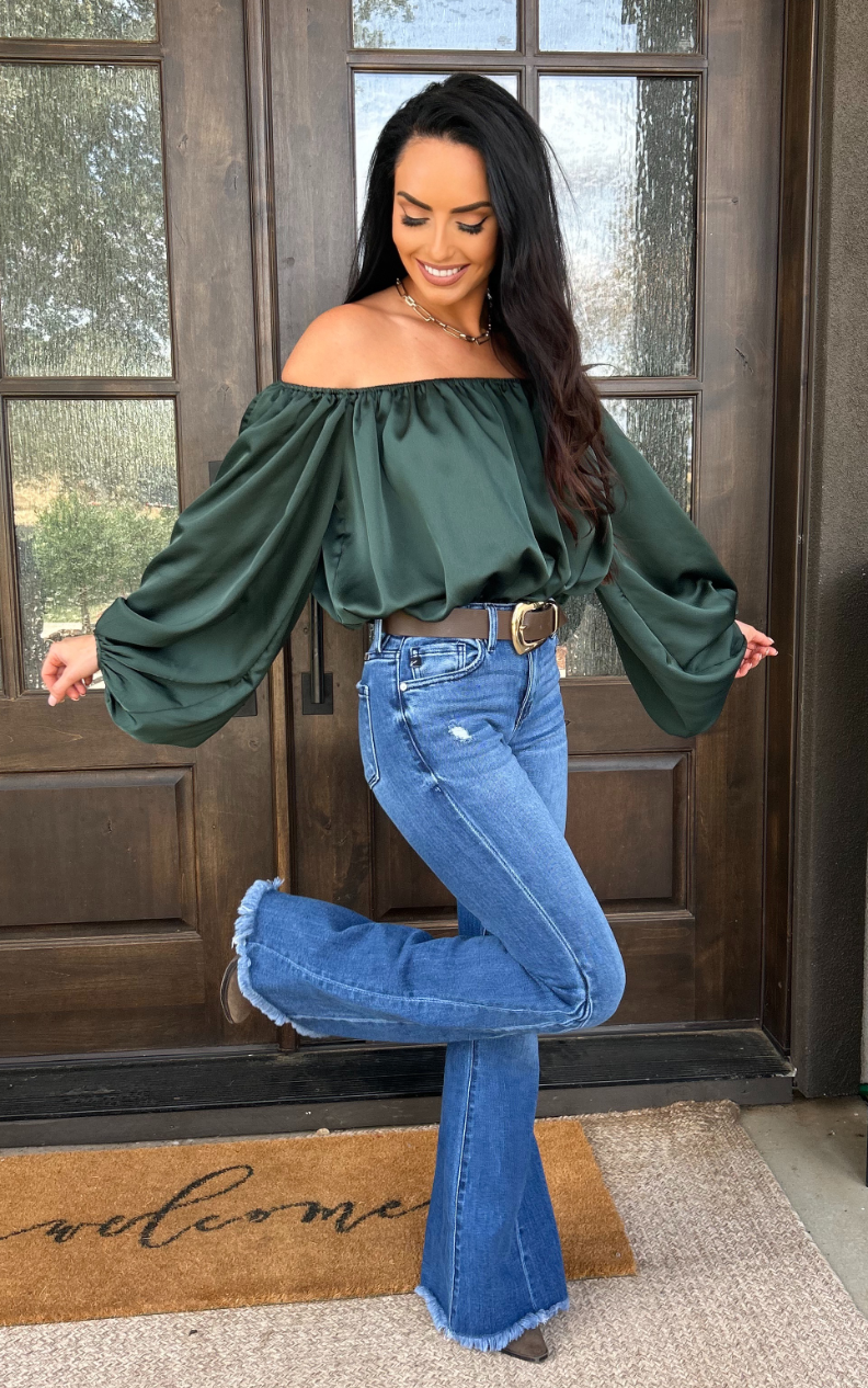Emerald Elegance Off-Shoulder Satin Blouse