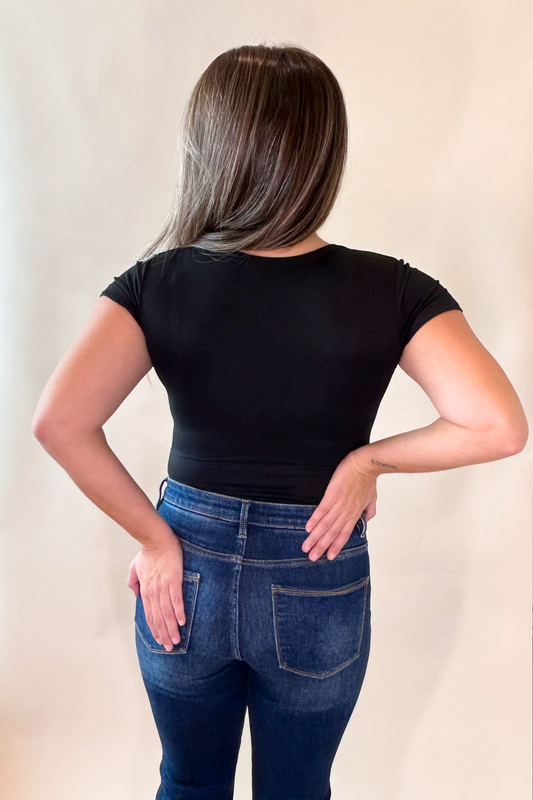 Black V-Front Short Sleeve Bodysuit