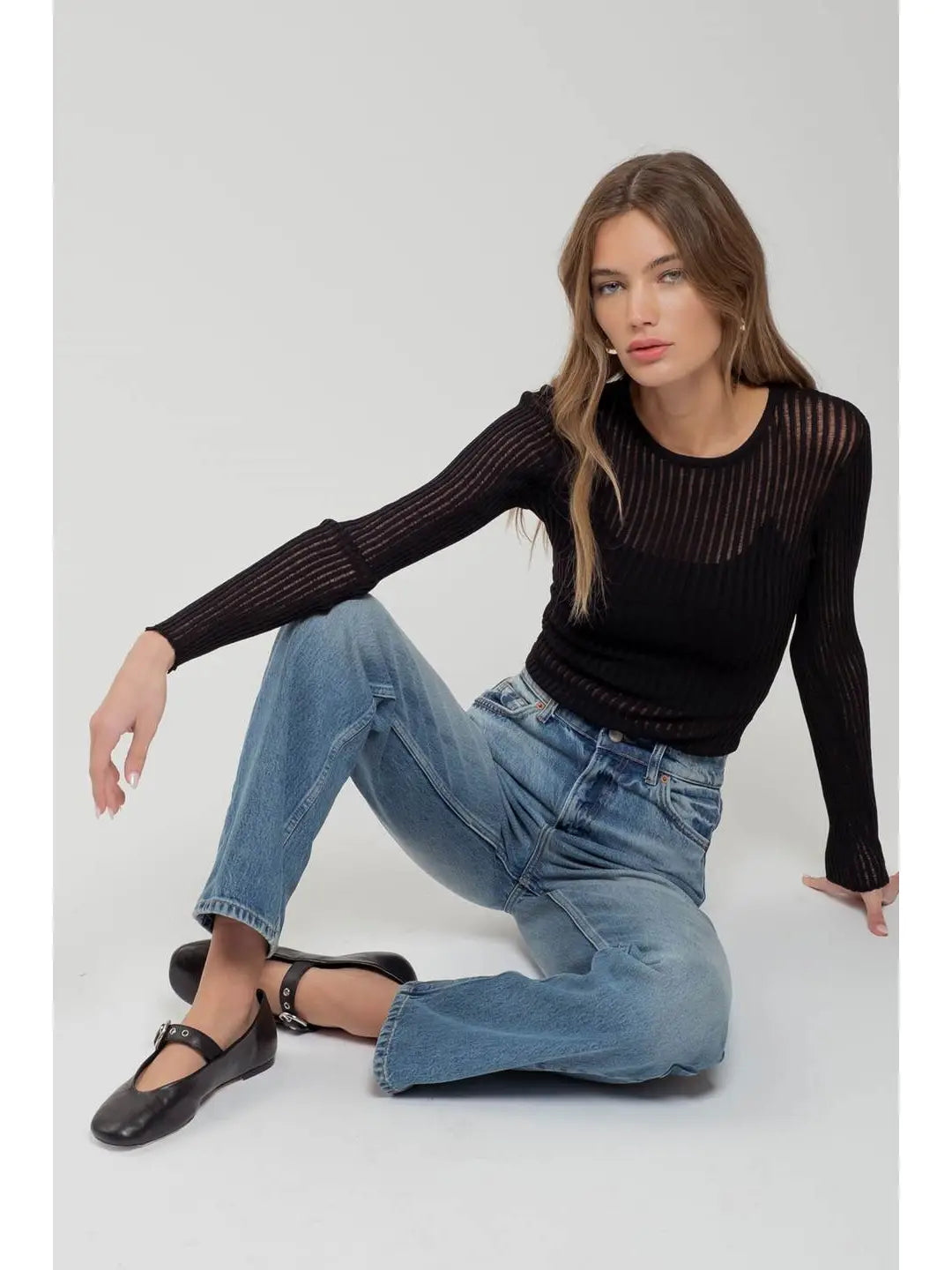 Black Sheer Rib Knit Sweater