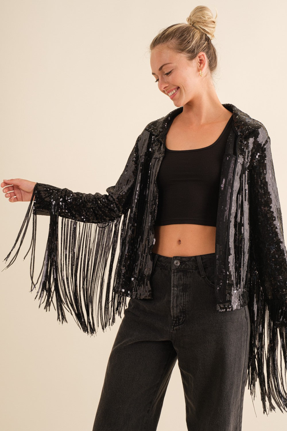 Bianca Black Sequin Fringe Jacket