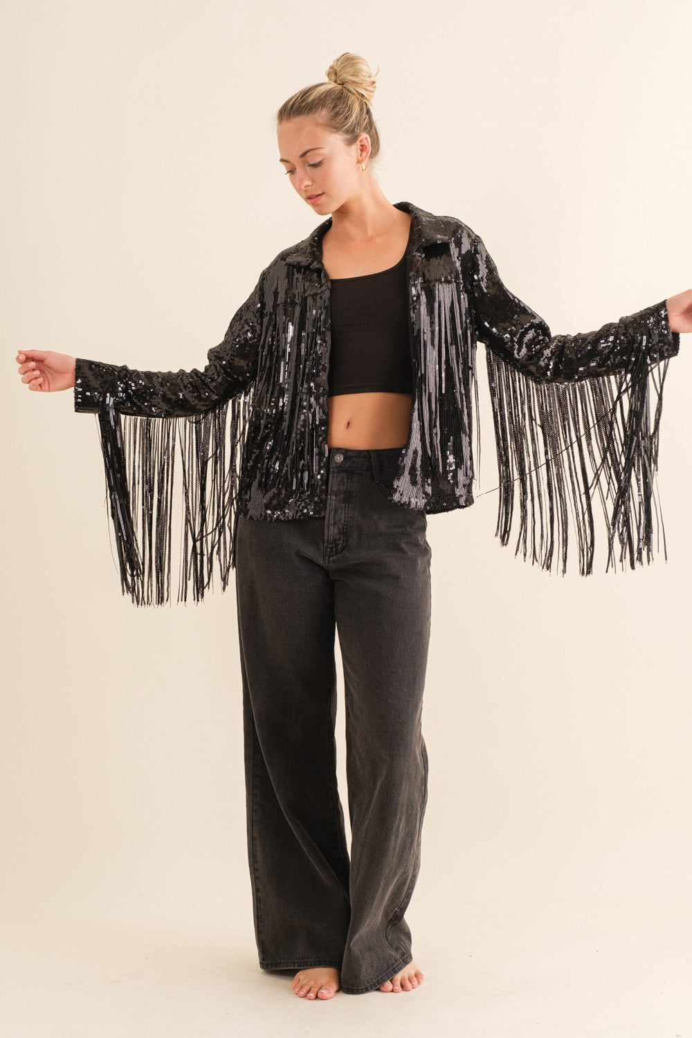 Bianca Black Sequin Fringe Jacket