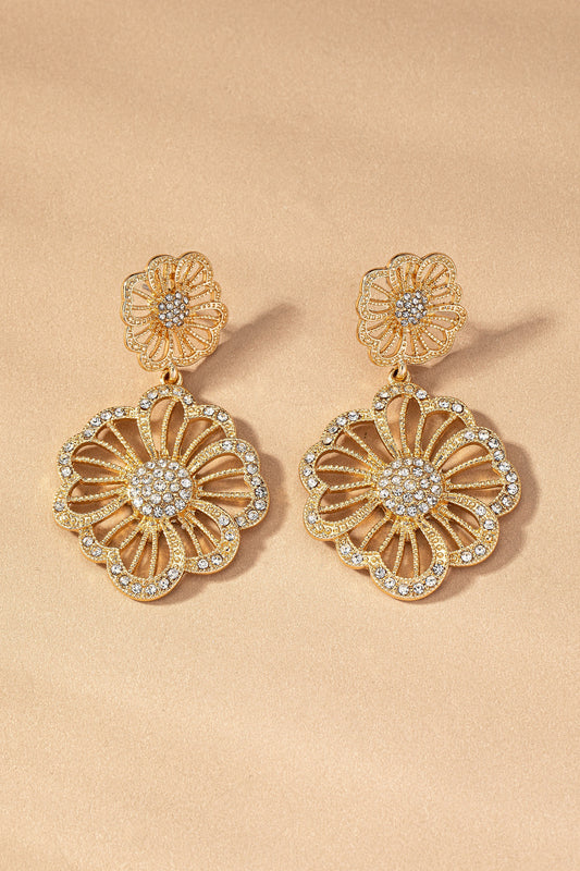 Double Flower Rhinestone Dangle Earrings