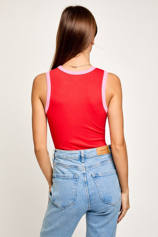 Red & Pink Ribbed Color Block Bodysuit