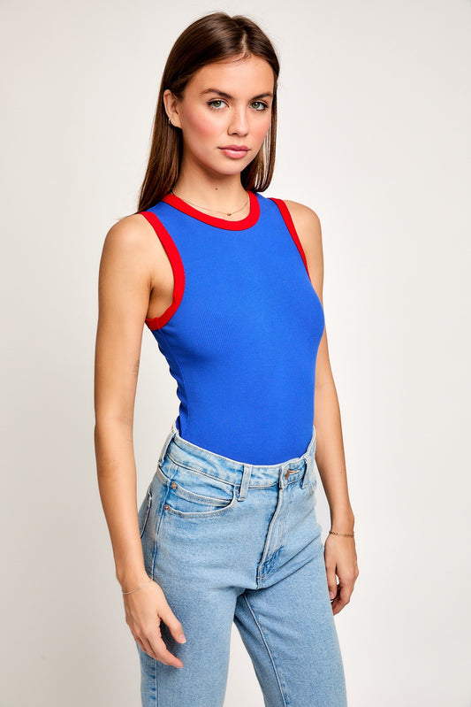 Blue & Red Ribbed Color Block Bodysuit