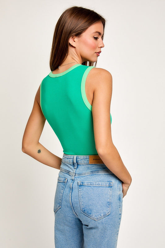 Green Ribbed Color Block Bodysuit