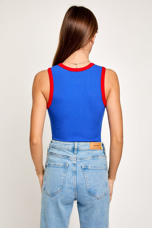 Blue & Red Ribbed Color Block Bodysuit