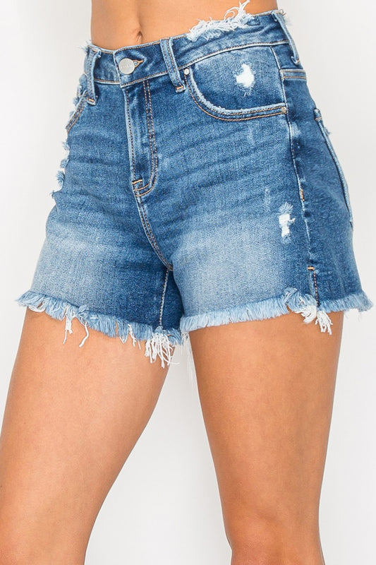 Dark Sabrina Mid Rise Distressed Shorts