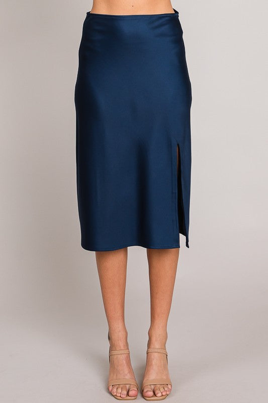 Navy Satin Midi Skirt