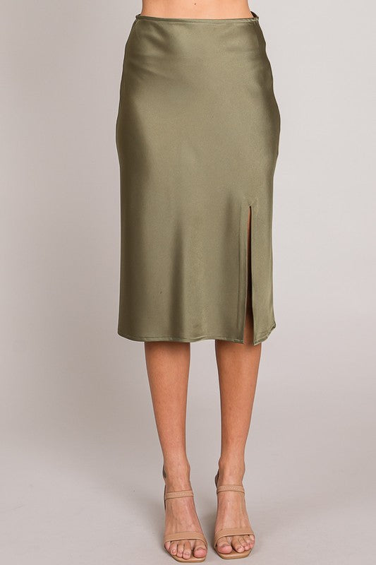 Olive Satin Midi Skirt