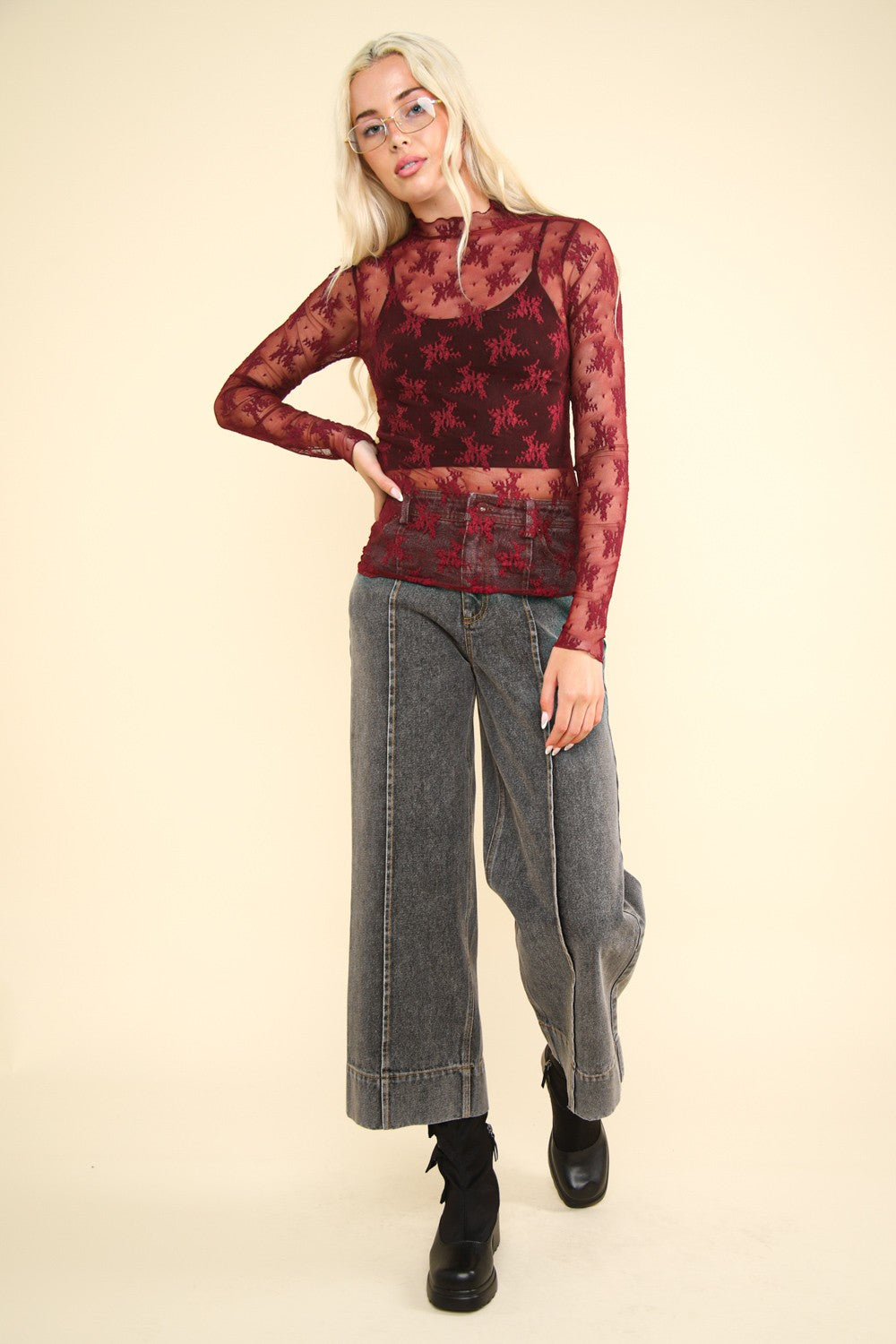 Megan Wine Lace Long Sleeve