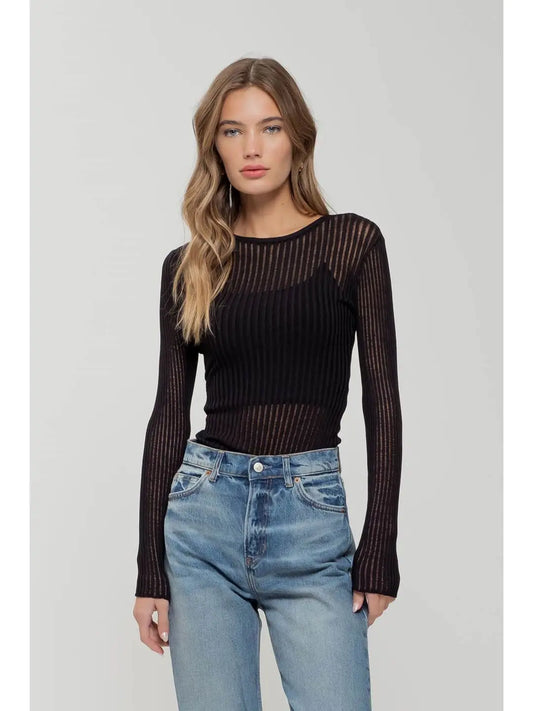 Black Sheer Rib Knit Sweater