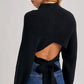 Mock Neck Open Back Ribbed Knit Tie Sweater Top