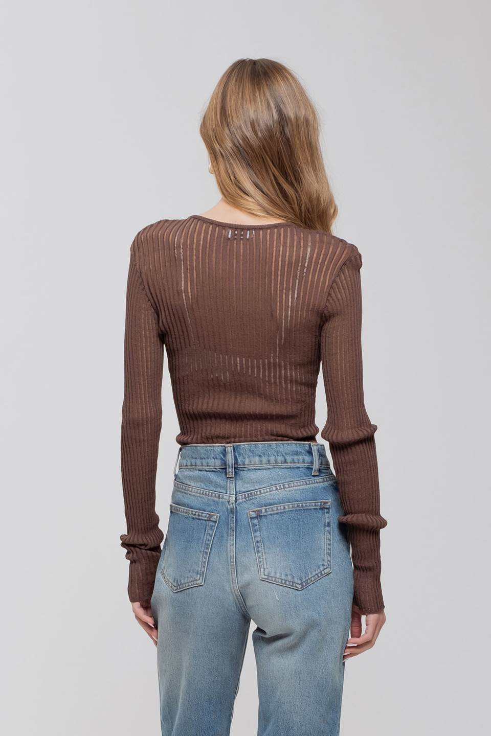 Brown Sheer Rib Knit Sweater