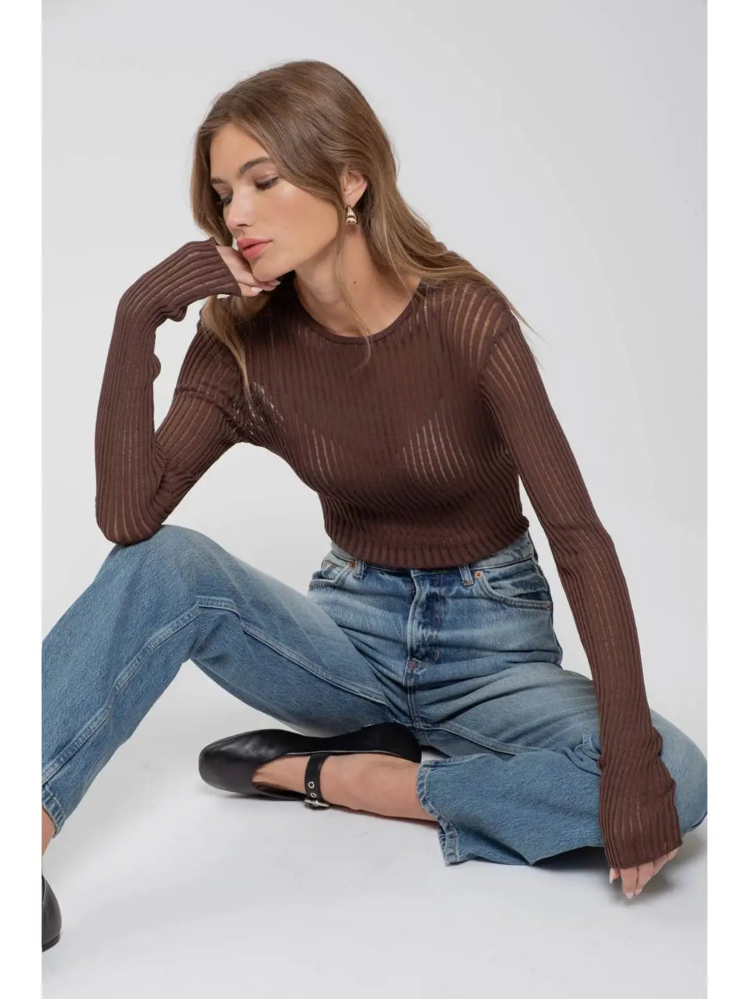 Brown Sheer Rib Knit Sweater