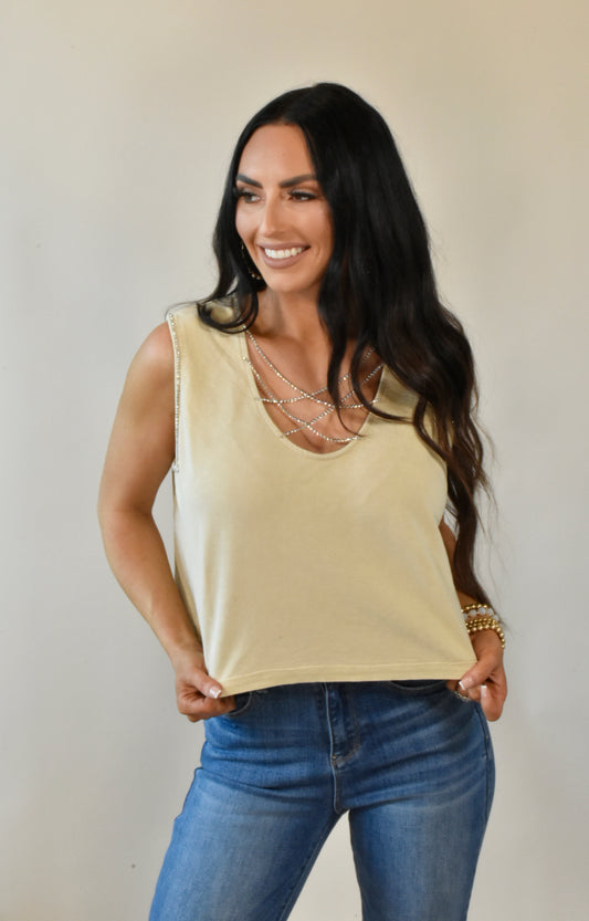 Hadley Khaki Mineral Wash Rhinestone Tank