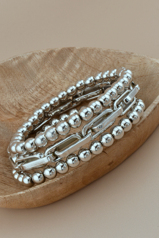 Silver Chain & Bead Stacked Bracelets