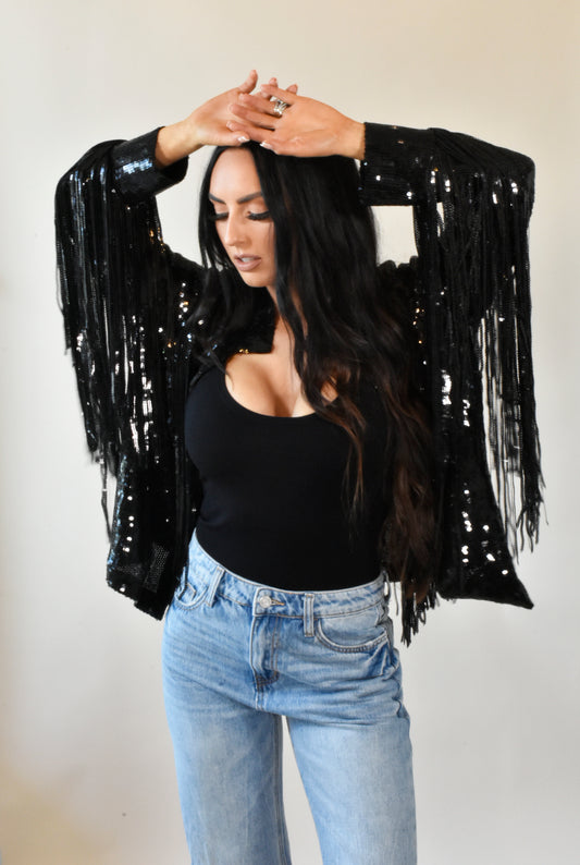 Bianca Black Sequin Fringe Jacket