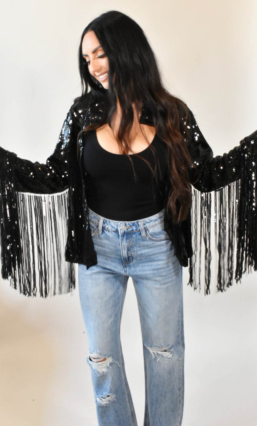 Bianca Black Sequin Fringe Jacket