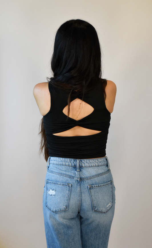 Twisted Back Cut Out Black Crop Tank