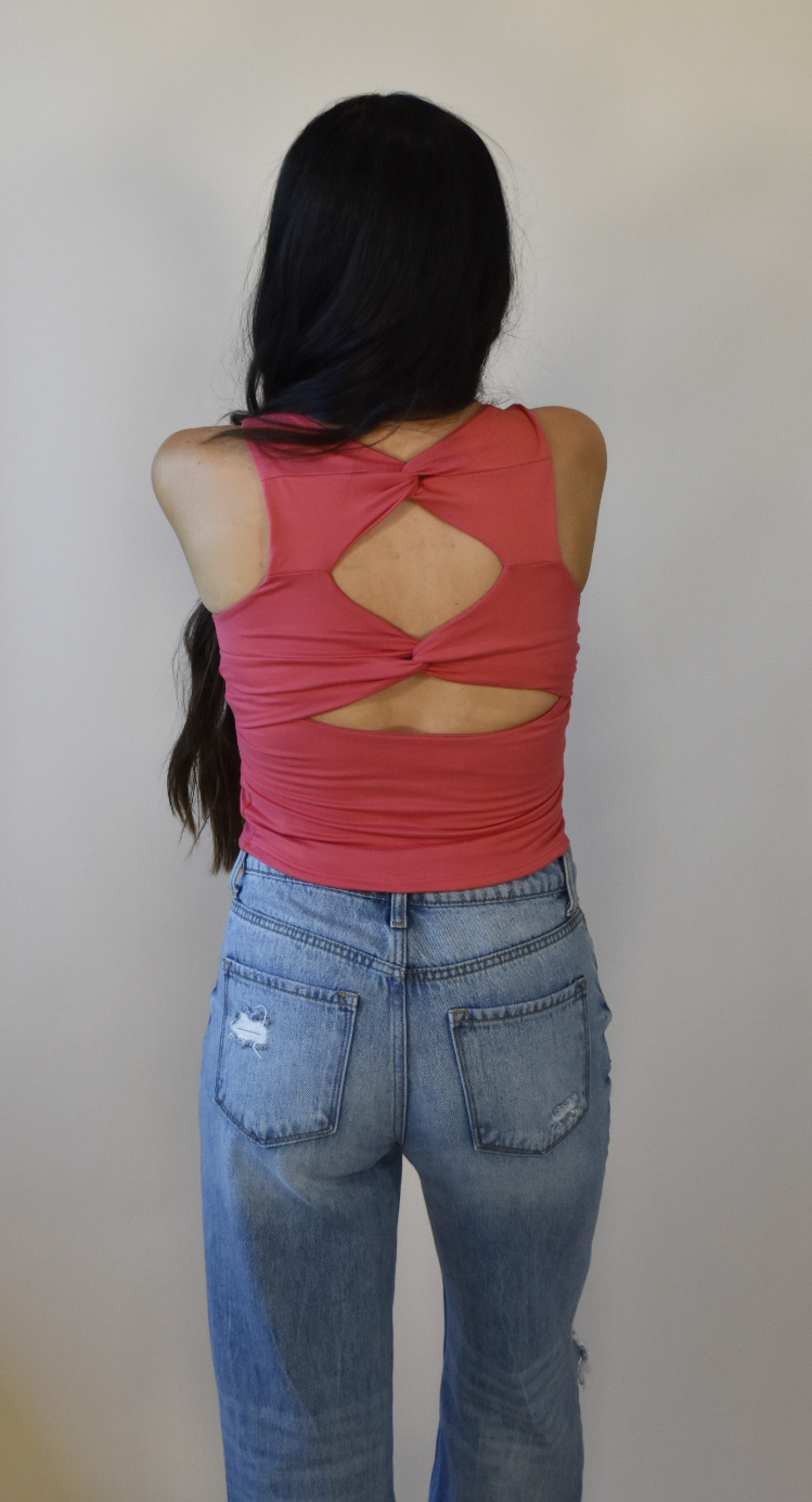 Twisted Back Cut Out Rose Crop Tank