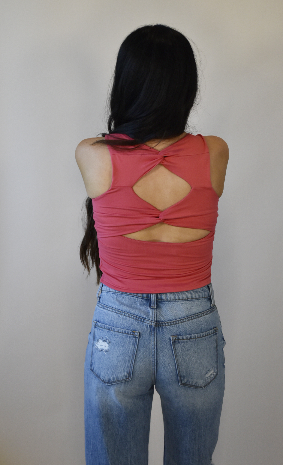 Twisted Back Cut Out Rose Crop Tank