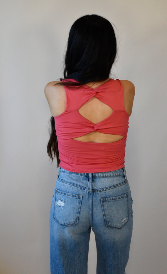 Twisted Back Cut Out Rose Crop Tank