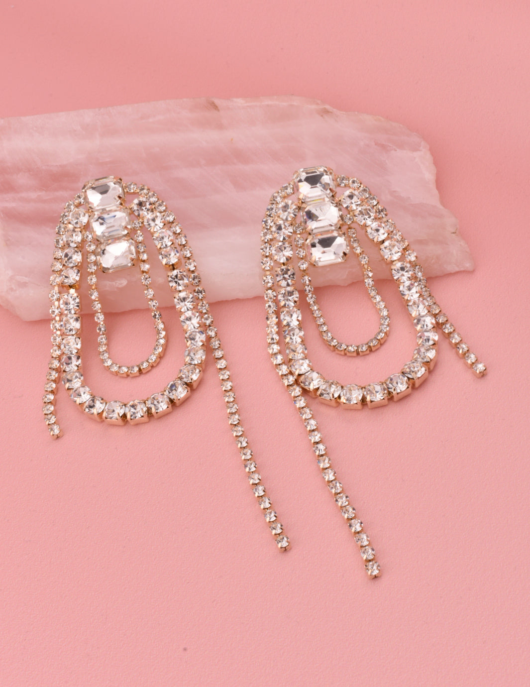 Oval Rhinestone Fringe Earrings