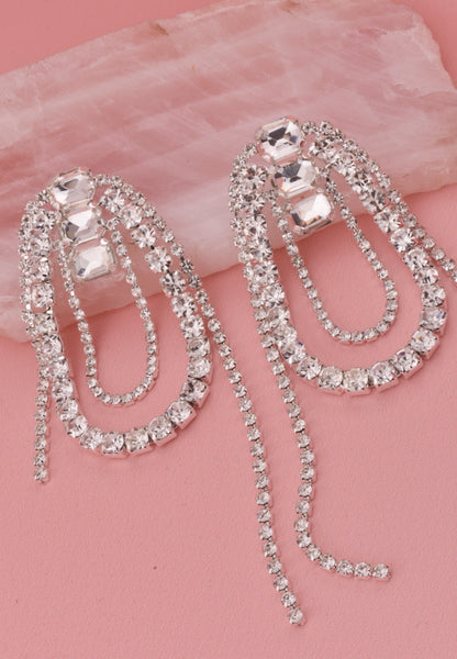 Oval Rhinestone Fringe Earrings