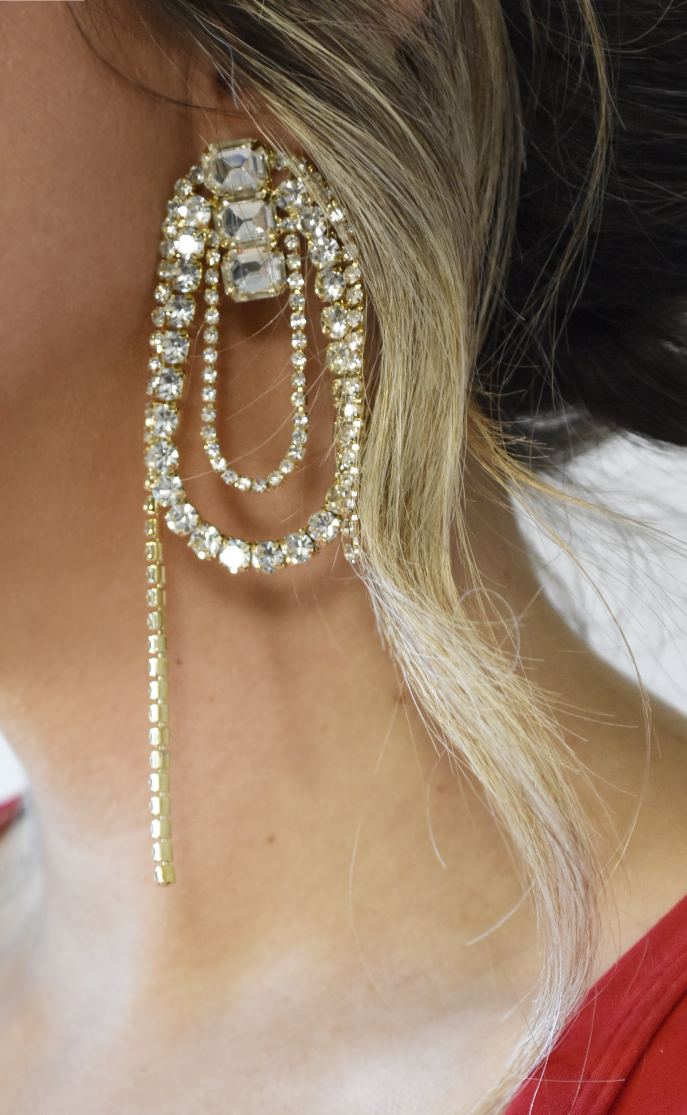 Oval Rhinestone Fringe Earrings