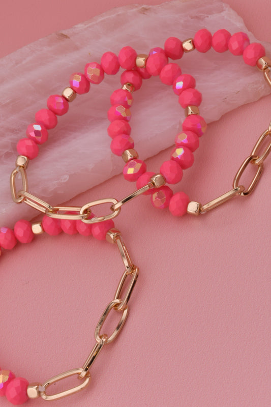 Hot Pink Bead & Chain Bracelet Set