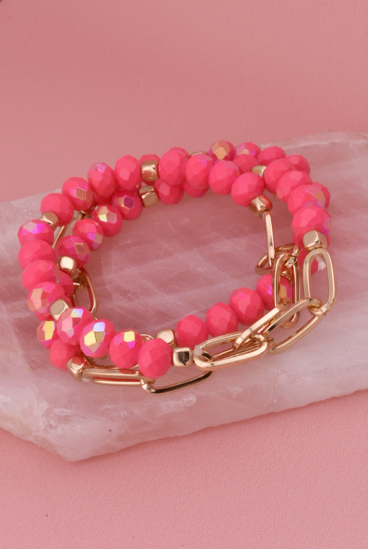 Hot Pink Bead & Chain Bracelet Set