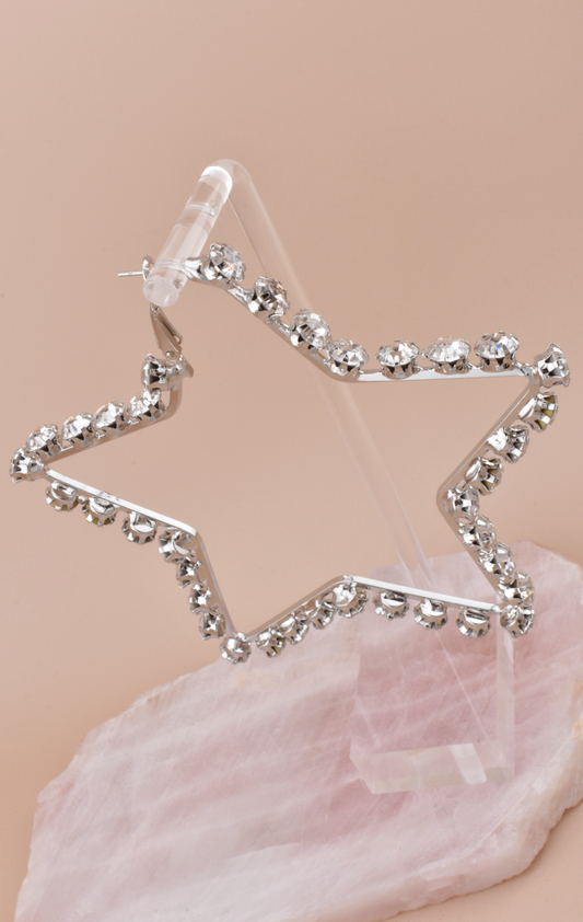 Silver Rhinestone Star Statement Hoops