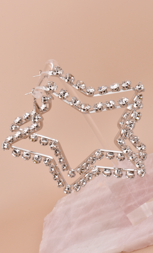 Silver Rhinestone Star Statement Hoops