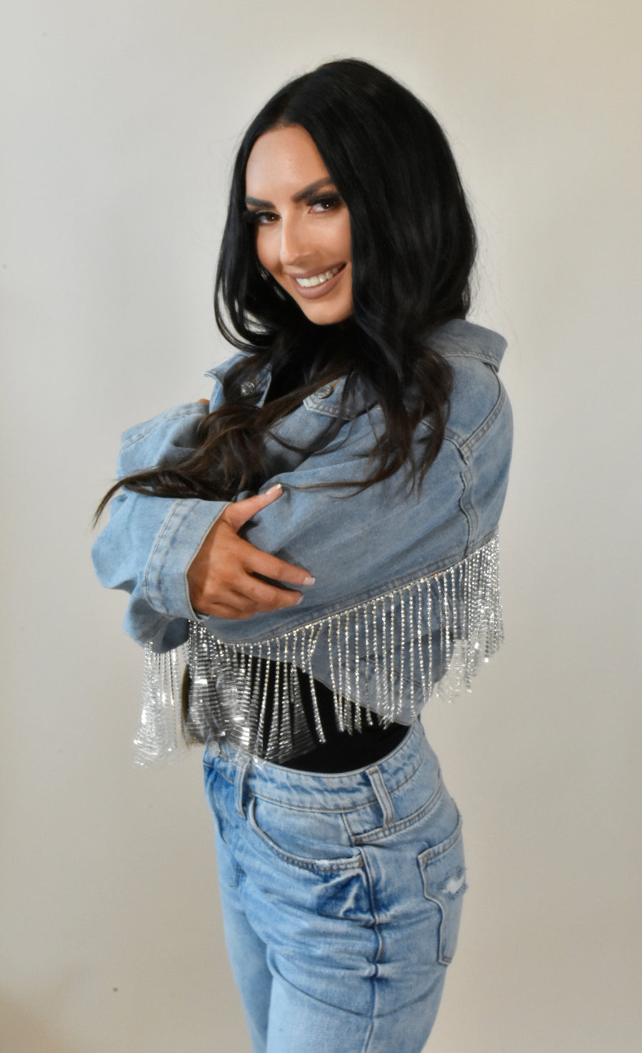 Rhinestone Fringe Denim Jacket