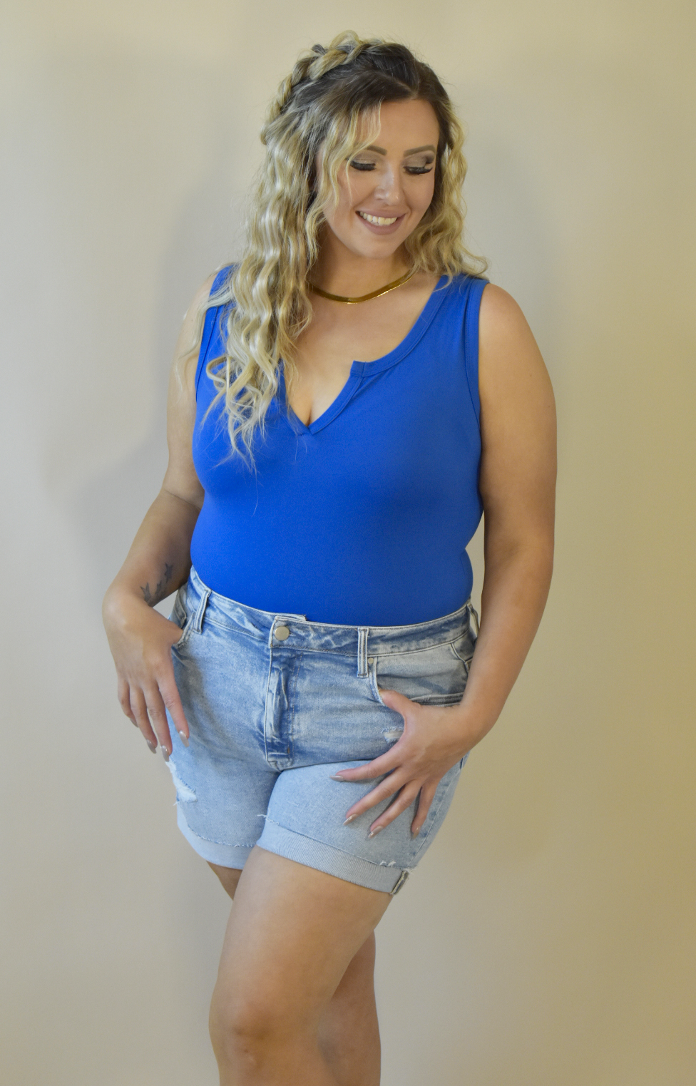 Front V-Cut Classic Blue Tank Bodysuit